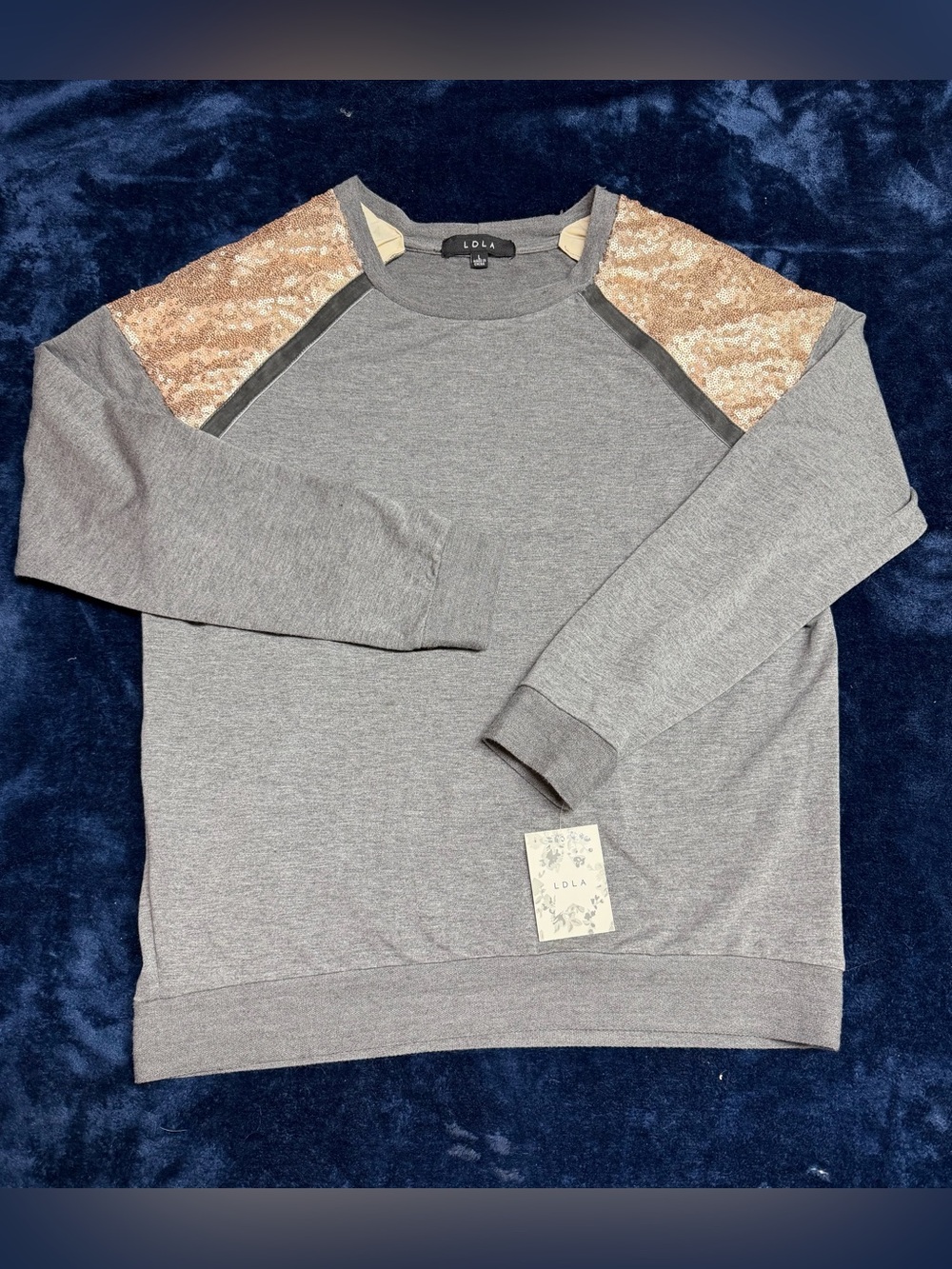ldla women's Gray Crewneck Sweater with Rose Gold Sequin Shoulders nwt